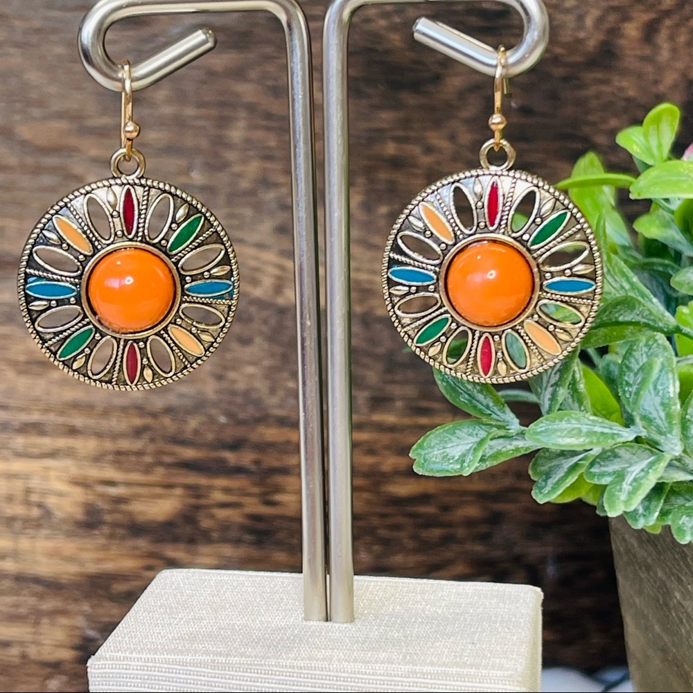 BOHO EARRINGS Mountain Sunshine Fun Bright coral gold warm ROUND sunburst floral - Picture 2 of 5